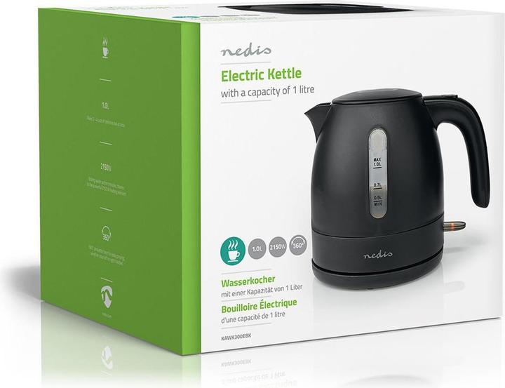 Actual product image Nedis Kettle - 360° rotating base - Boil-dry protection - Water level indicator - Safety deck (1 l, EU plug)