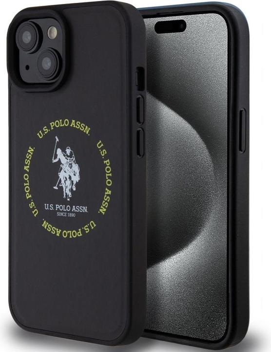 Immagine prodotto U.S. Polo Custodia MagSafe in pelle PU stampata con doppio cavallo rotondo per iPhone 15 Nero (Apple iPhone 15)