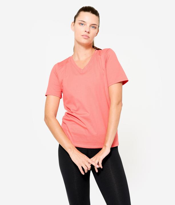 Domyos T-Shirt Damen V-Ausschnitt Baumwolle - rosa