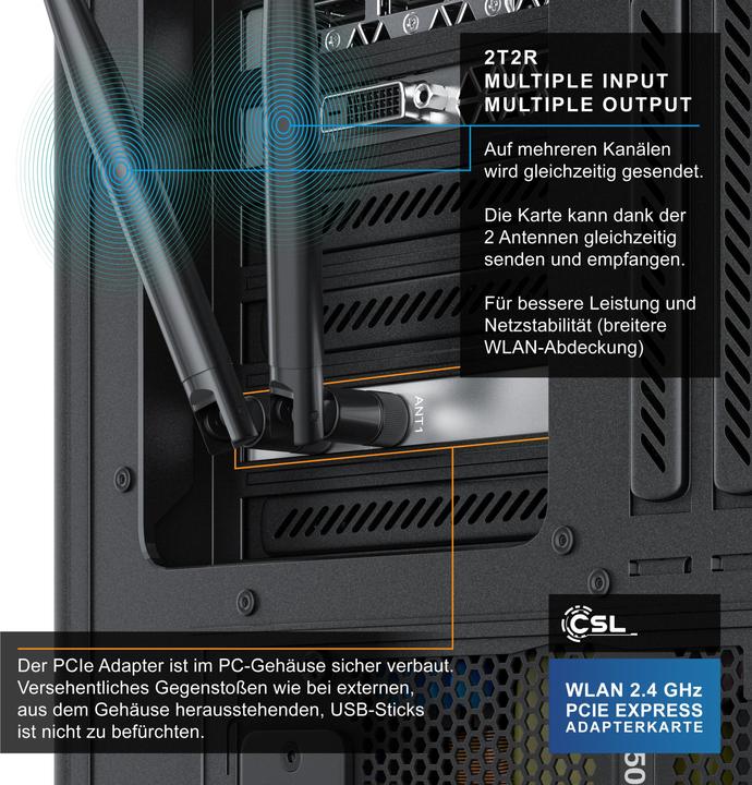 Actual product image CSL 300 Mbit s PCIe network card WLAN 2.4 GHz - high-performance 2T2R dual antenna with powerful (PCI-E x1)