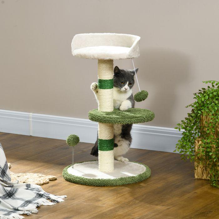 Produktbild Swisshandel24 Kratzbaum Klein 64 cm rund mit Liegefläche, Spielball, Sisal, bis 4 kg (64 cm, Weiss+Grün+Beige)