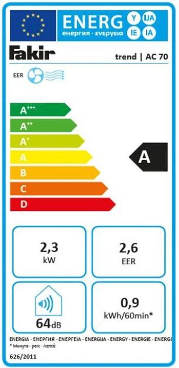 Energy Label Fakir AC 70 (25 m², 7000 BTU/h)