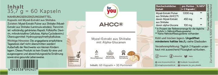 Nährwerte und Zutaten For You AHCC® (60 Stück, Kapseln)