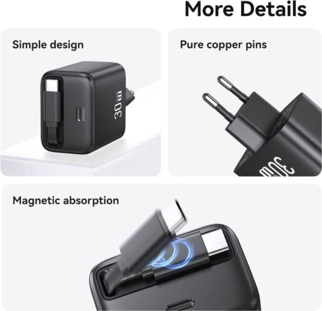 Actual product image Usams Ład. siec. 1xUSB-C ze zwijanym kablem USB-C Retractable PD+QC 30W Gan Fast Charging czarny/bla (30 W)