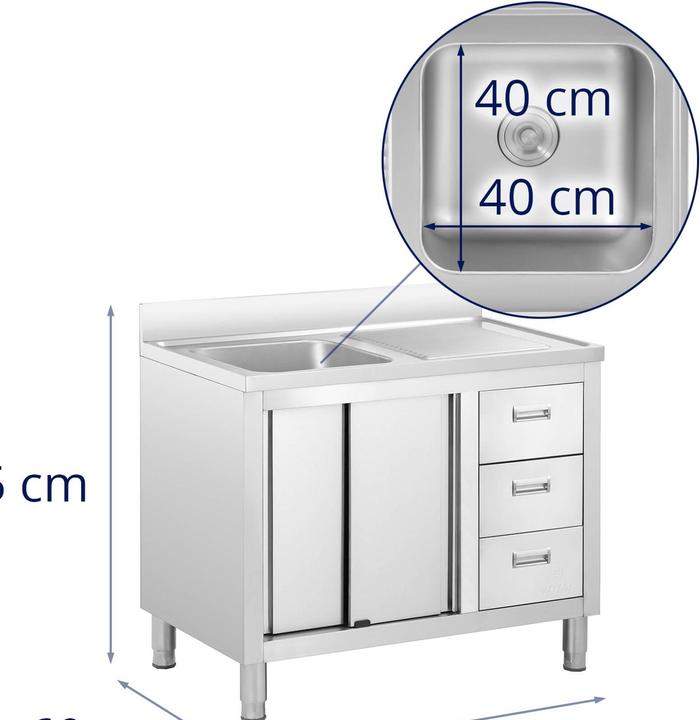 Produktbild Royal Catering Spülenschrank Spülenunterschrank Spülschrank Edelstahl Becken: 400x400x300 mm (Aufsatzspülbecken, 30 cm, 60 cm)