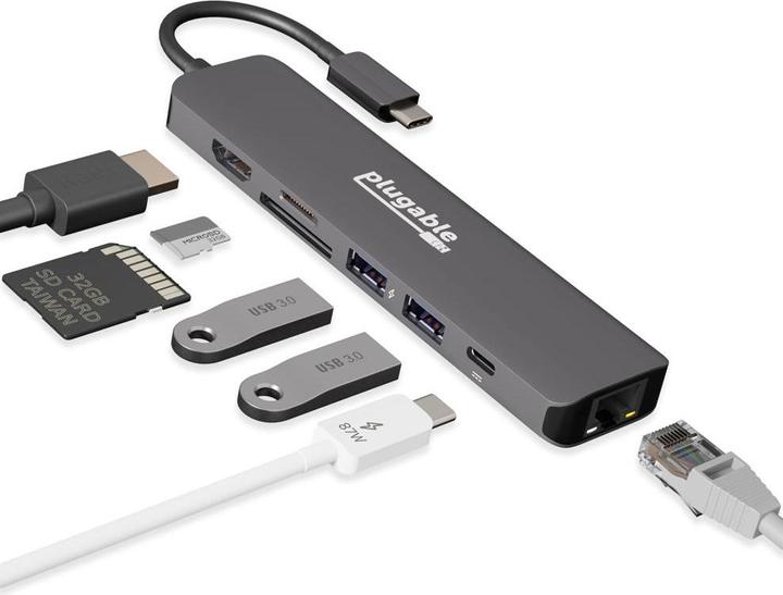 Plugable 7-in-1 USB C Hub met Ethernet (USB-C)