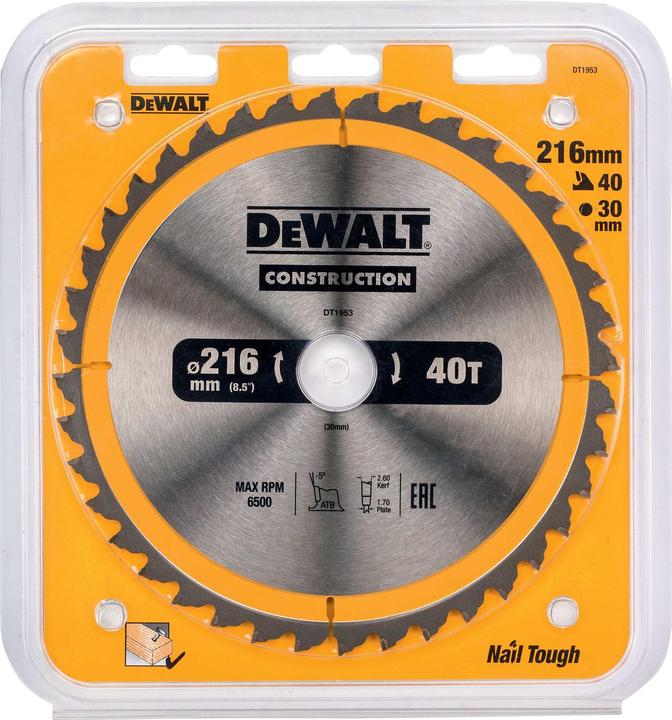 Actual product image DeWalt Construction circular saw blade for stationary saws/circular saw blade (216/30 mm 40WZ, universal