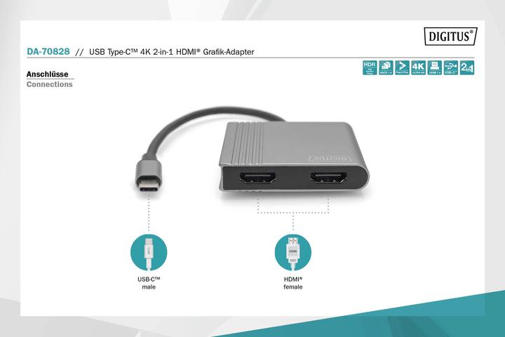 Image du produit Digitus Adaptateur graphique USB Type-C HDMI 4K 2-en-1 (USB-C, 6 cm)