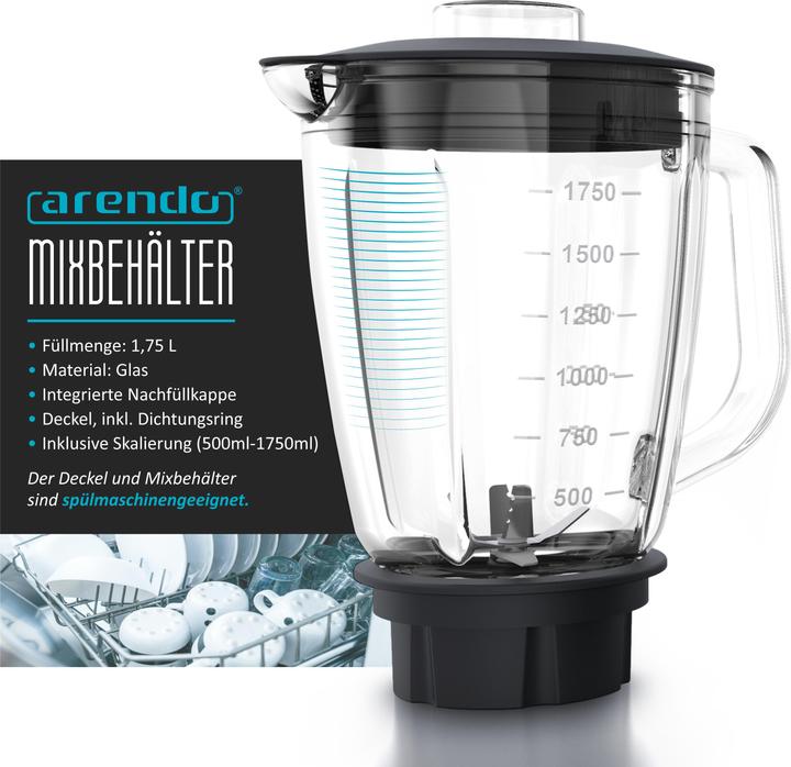 Arendo Stainless steel stand mixer 1400 W, power mixer, 1.75l glass container, blender, high-performance (1400 W)