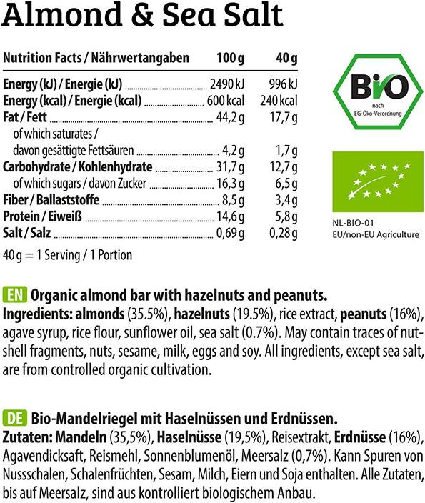 Nutritional values and ingredients HEJ Nutrition Natural Bite (12 x 40g) (Roasted nuts, 1 pcs., 480 g)