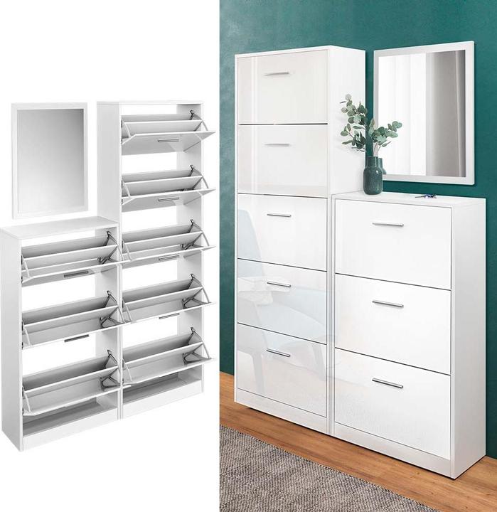 Immagine prodotto Vicco Carrello porta scarpe Gizmo, bianco lucido/bianco, set con specchio (45 x 60 x 2 cm, 59 x 170 x 22 cm, 59 x 105 x 22 cm)