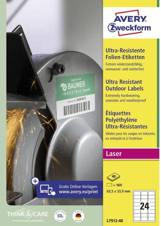 Produktbild Avery SW. Etiketten 63.5x33.9mm L7912-40 weiss, matt, A4 40 Blatt