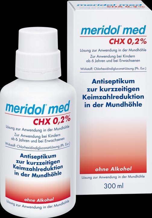 Meridol med CHX 0,2 % Solution pour application dans la cavité buccale, 300 ml de solution (300 ml, Bains de bouche)