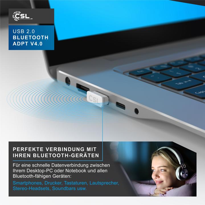 Produktbild CSL USB Bluetooth Adapter, BT4.0 USB Stick, hohe Reichweite, inklusive Treiber Windows 11 kompatibel (Sender & Empfänger)