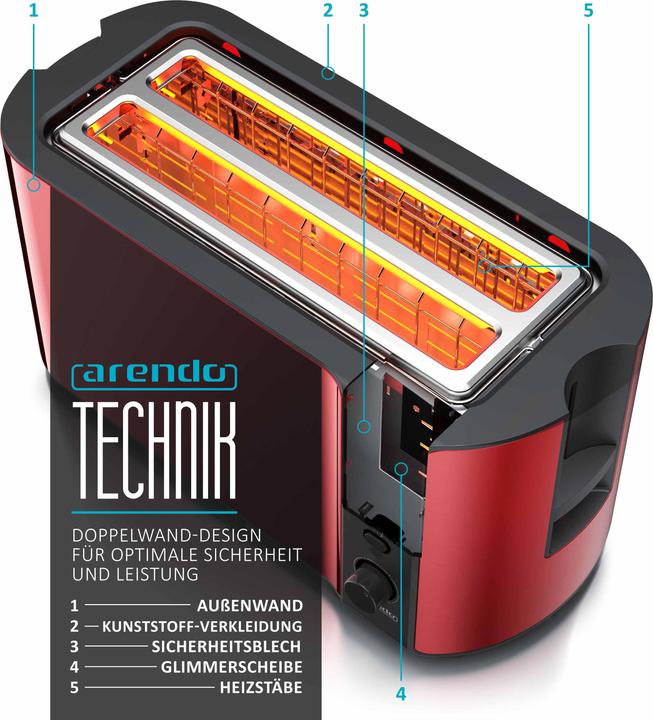 Produktbild Arendo 4 Scheiben Edelstahl Toaster Langschlitz, Brötchenaufsatz, Display mit Restzeitanzeige, Doppelwand