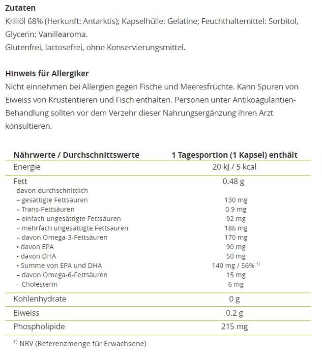 Nutritional values and ingredients Alpinamed Krill Oil Capsules (60 Piece, Capsules, 80 g)