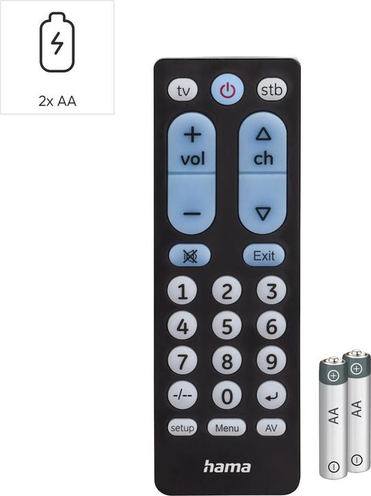Productafbeelding Hama Universele afstandsbediening TV, infrarood, voor 2 apparaten, grote knoppen, leerbaar (Universele afstandsbediening, Infrarood)