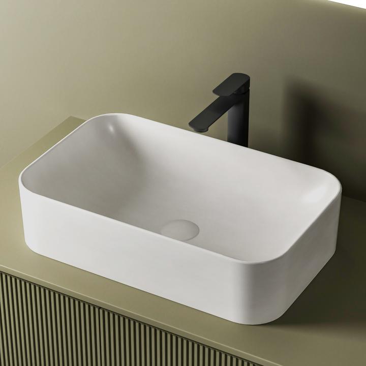 Produktbild Emke Design-Waschtisch Aufsatzwaschtisch Weiss Matt Hochwertiger Keramik-Waschtisch Bad Einfach zu (380 mm, 610 mm)