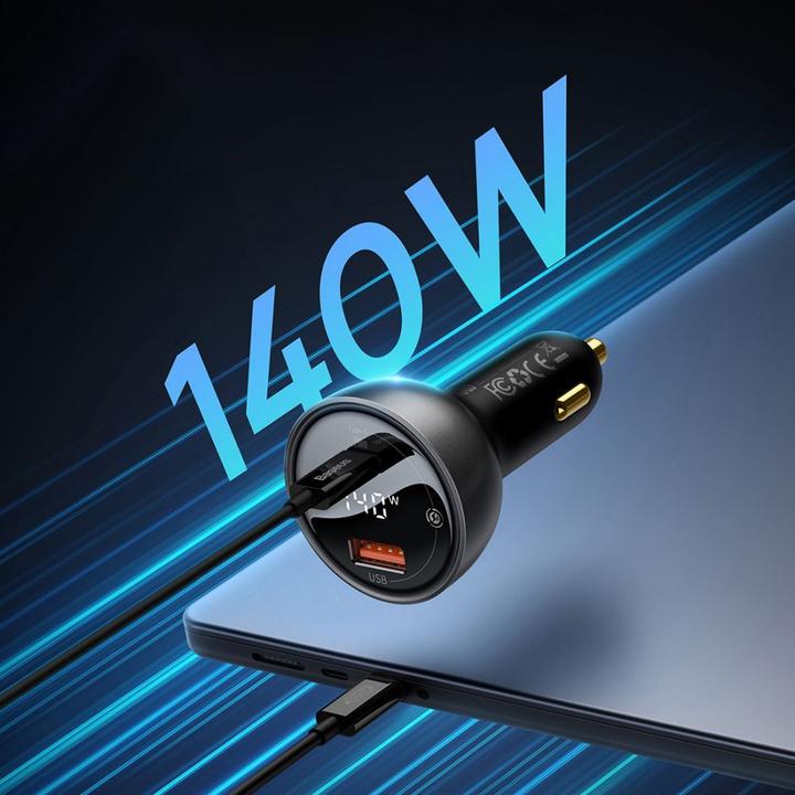Image du produit Baseus Digital Display fast car charger USB-A / USB-C PD3.1 140W black + USB-C cable Superior