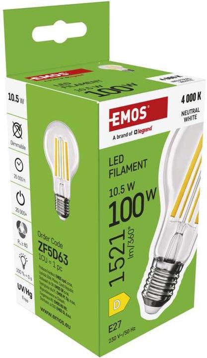 Actual product image Emos LED lamp Filament A60 / E27 / 10.5 W (100 W) / 1521 lm / Neutral white (E27, 10.50 W, 1521 lm, 1 x, D)