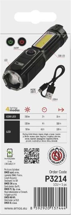 Actual product image Emos Wiederaufladbare LED-Taschenlampe aus Kunststoff P3214, 150 lm (13 cm, 150 lm)