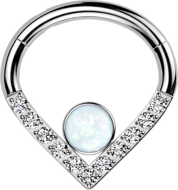 Star Piercing Micro Segmentring klappbar Winkel silber Kristalle silber grosser Opal weiss (ohne Messing, Titan G23)