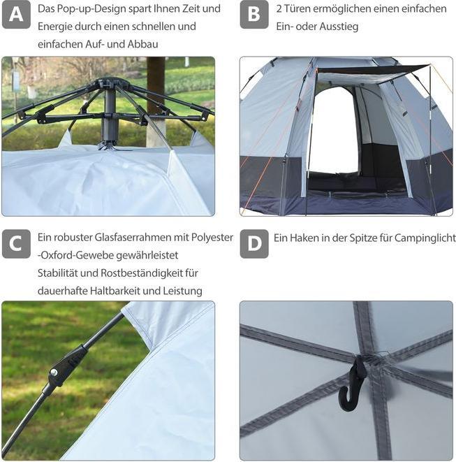 Produktbild Swisshandel24 Camping Zelt 3-4 Personen Zelt Familienzelt Kuppelzelt 210T PU 3000mm einfache Einrichtung Stahl Gla (Kuppelzelt, 4 Personen)