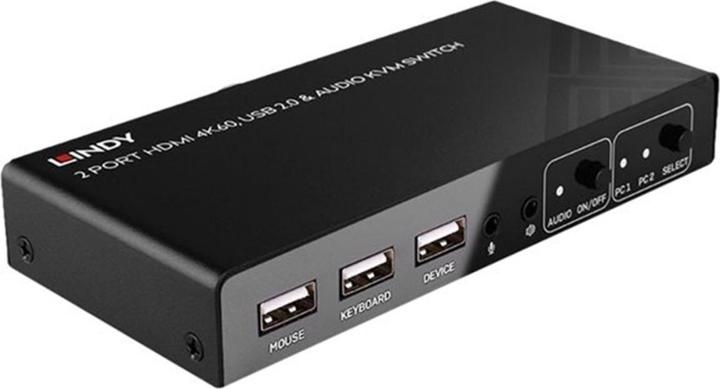 Actual product image Lindy 2 Port KVM Switch HDMI 4K60, USB 2.0 & Audio Switches between 2 HDMI PCs from a single console.