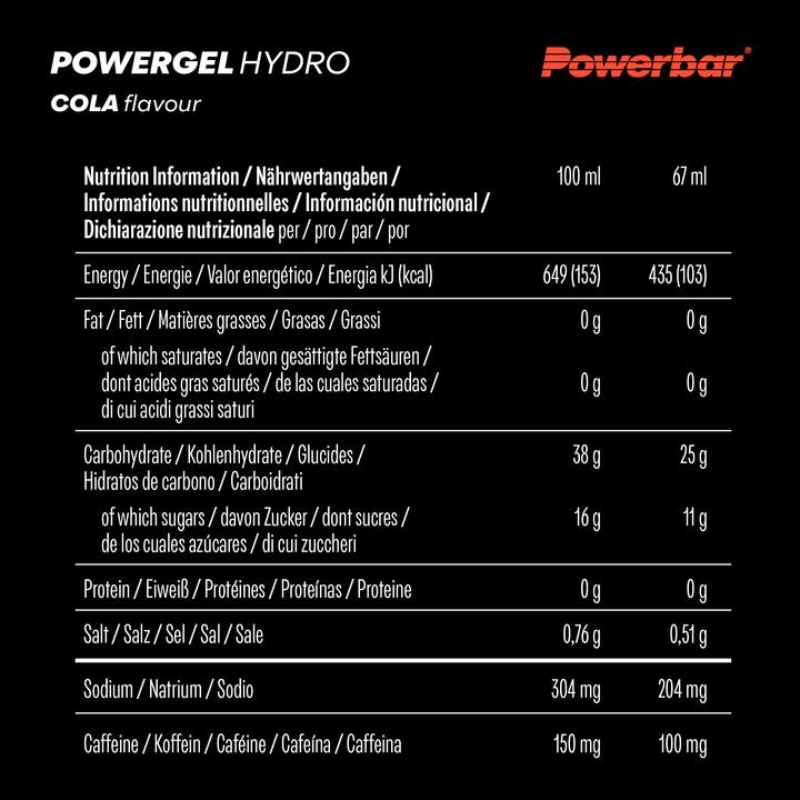Nutritional values and ingredients Powerbar PowerGel Hydro (Caffeine, Cola, 24 pcs., 1850 g)