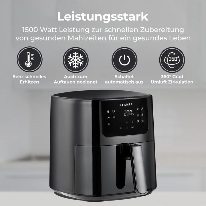 Actual product image KLAMER Heissluftfritteuse 5l XL, Heissluftfritteuse mit Sichtfenster & Schüttel-Erinnerung, Ölfr…