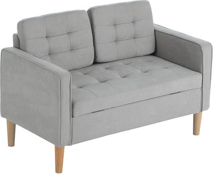 Produktbild Swisshandel24 Zweisitzer-Sofa mit Stauraum, Knopfheftung, Kissen, Kautschukbaumholz, 117x62x78cm, Hellgrau (2-Sitzer)
