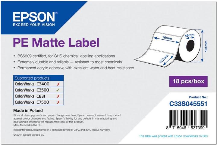 Immagine prodotto Epson Rotolo di etichette, plastica, 76x127mm Rotolo di etichette, plastica (polietilene), rivestimento