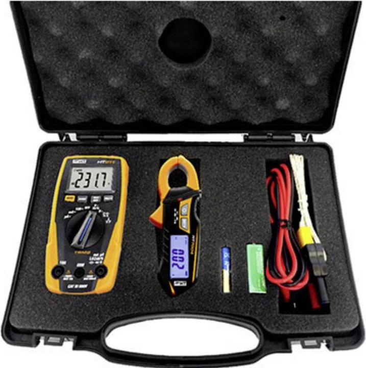 Multimètre numérique HT211 - Mini pince ampèremétrique AC HT7003 - Piles - Cordons de mesure de sécurité - Fiche d'adaptation type-K - Sonde de température type-K - Mallette de protection VA100 - Manuels d'utilisation.