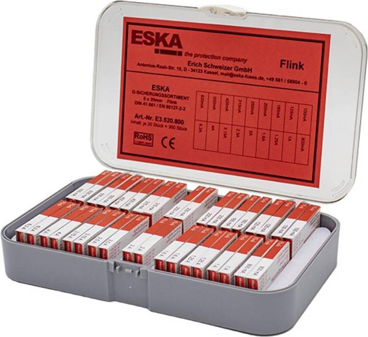 Produktbild ESKA E3520800 Feinsicherung-Sortiment (Ø x L) 5 mm x 20 mm Flink -F- Inhalt 3 (Feinsicherung, Flink)