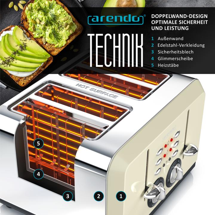 Actual product image Arendo Stainless steel toaster 4 slices, automatic, stainless steel, heat-insulating double-walled