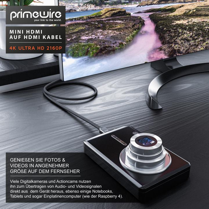 Produktbild Primewire Mini HDMI auf HDMI Kabel, Typ C auf Typ A, 4K miniHDMI Adapterkabel 3840 x 2160 @ 60 Hz, HDR, ARC (3 m, HDMI)