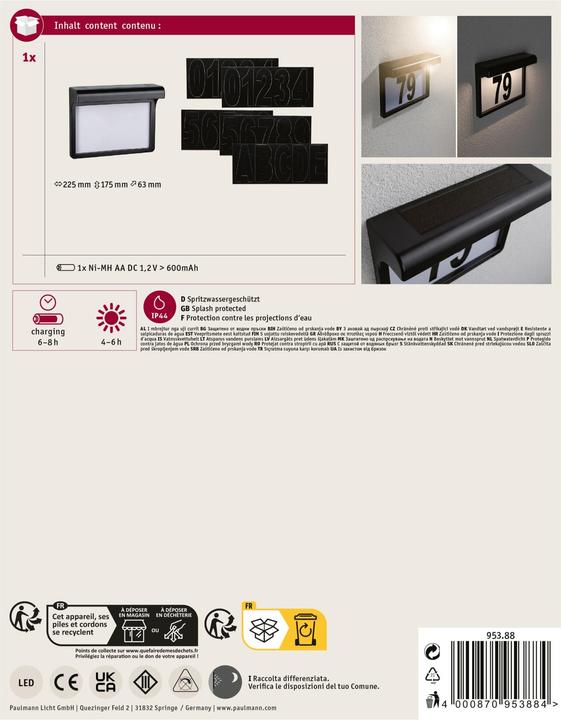 Produktbild Paulmann Solar Hausnummernleuchte (6 lm, IP44)