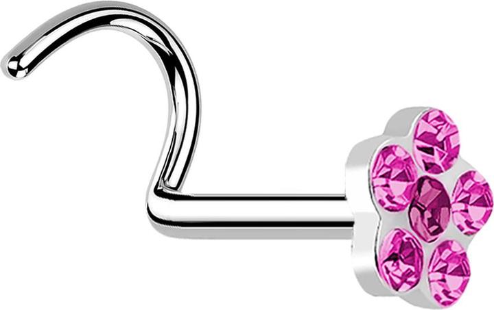Actual product image Star Piercing Nasenstecker gebogen silber mit Blume und 5 Kristalle pink (without brass, Surgical steel 316L)