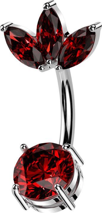 Star Piercing Banane silber Blatt drei Ovale Kristalle rot und Kristall rot gefasst (Chirurgenstahl 316L, Messing)