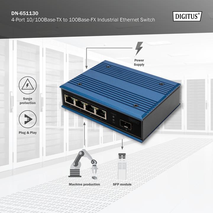 Immagine prodotto Digitus Switch Ethernet industriale da 4 porte 10/100Base-TX a 100Base-FX (4 Porti)