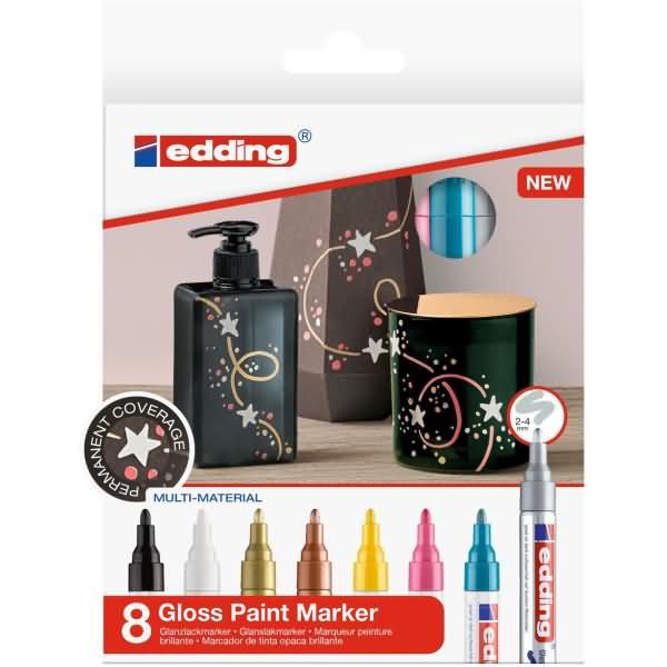 Produktbild Edding Glanzlackmarker (Gelb, Golden, Silbern, Hellblau, Rosa, Weiss, Schwarz, Kupfer, 4 mm, 8 x)