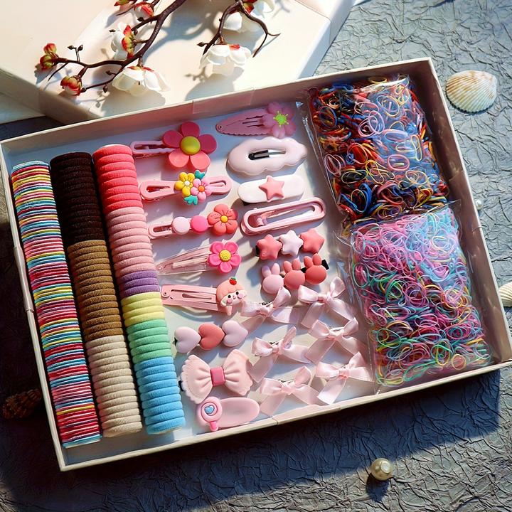 Actual product image Activity Board 2170pcs Haar Styling Wesentliche Zubehör bunte elastische Haarbänder Harz Haar Zubehör Set (2170 pcs.)