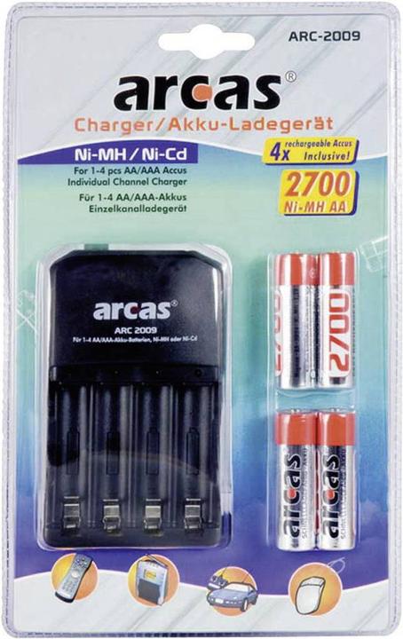 Image du produit Arcas Chargeur avec 4 accus R6 NiMH 2700 mAh (4 pcs, AA, AAA, 2700 mAh, Piles rechargeables + chargeur)