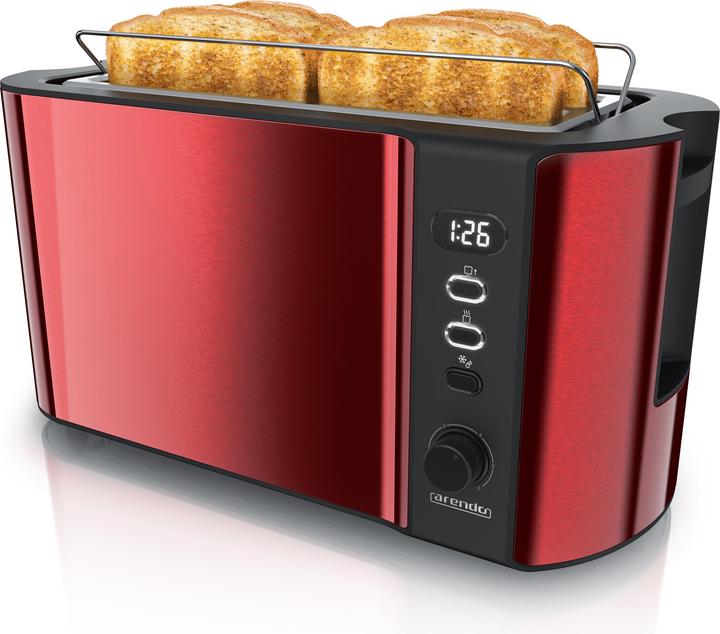 Produktbild Arendo 4 Scheiben Edelstahl Toaster Langschlitz, Brötchenaufsatz, Display mit Restzeitanzeige, Doppelwand
