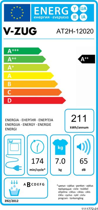 Label énergétique V-Zug AdorinaTrocknen V200 (7 kg, Gauche)