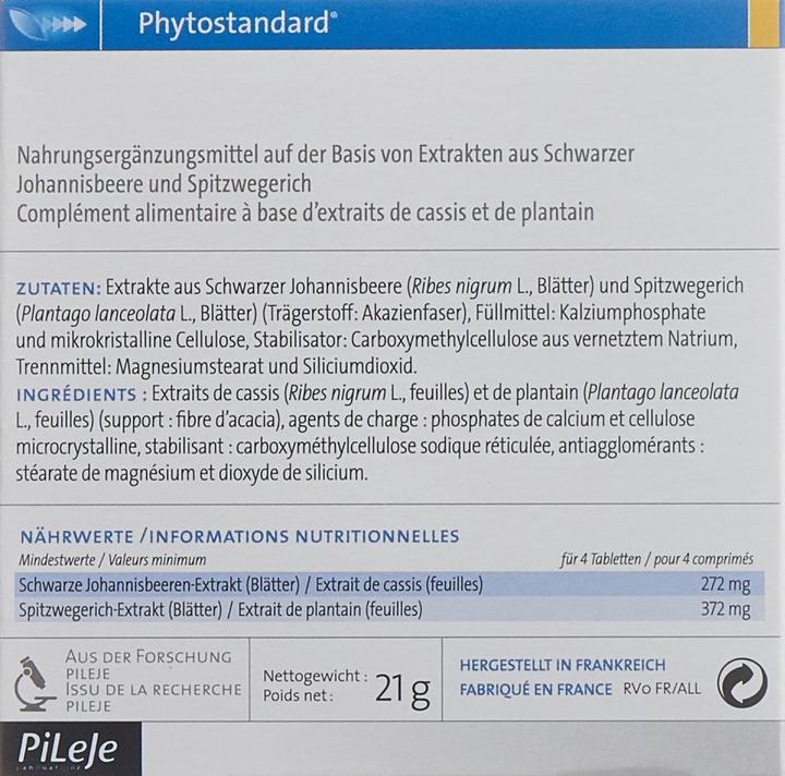 Nutritional values and ingredients Phytostandarts Pileje black currant and ribwort plantain (30 Piece, Pills, 36 g)