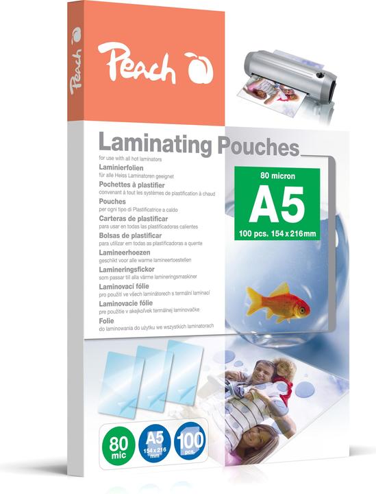 Produktbild Peach Laminierfolie A5, 80 µm, 100 Stück, Glänzend (A5, 100 Stück, 80 µm)
