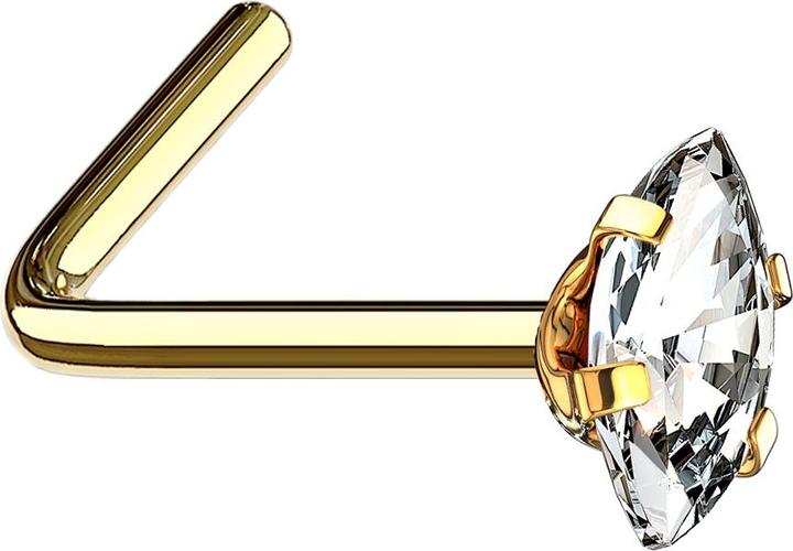 Star Piercing Nasenstecker gewinkelt vergoldet Oval Kristall silber gefasst (Chirurgenstahl 316L, ohne Messing)