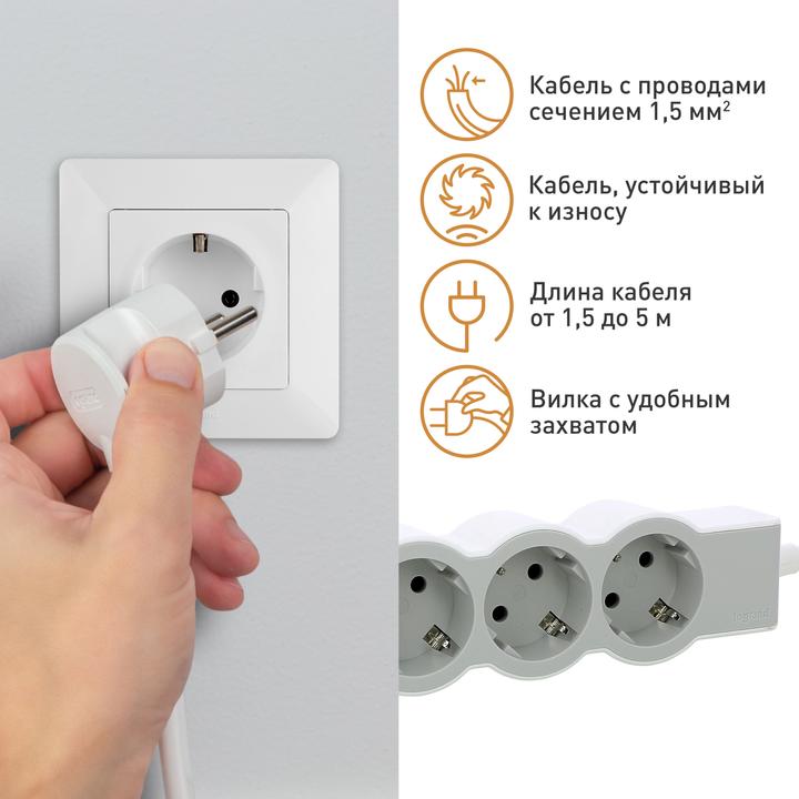 Image du produit Legrand Multiprise plate 5x prise, 1,5 mètre de câble blanc-gris 694555 (5 x, CEE, CEE 7/3, 1.50 m)
