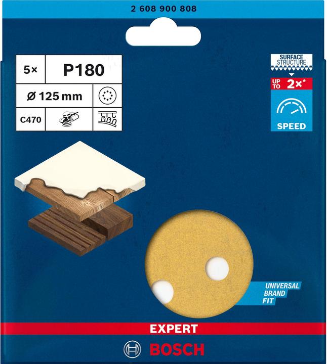 Produktbild Bosch Professional Zubehör EXPERT C470 Schleifpapier mit 8 Löchern für Exzenterschleifer, 125 mm, G 180, 5-tlg. (180)